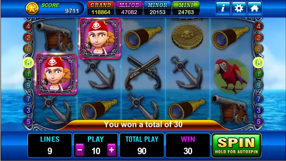 Captain Roger win with two red haired buccaneers lit on line 8 and a total of 30 at PLAY 10