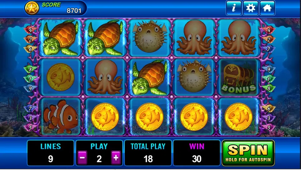 Dolphin with gold coins across the bottom row and a WIN of 30 at PLAY 2