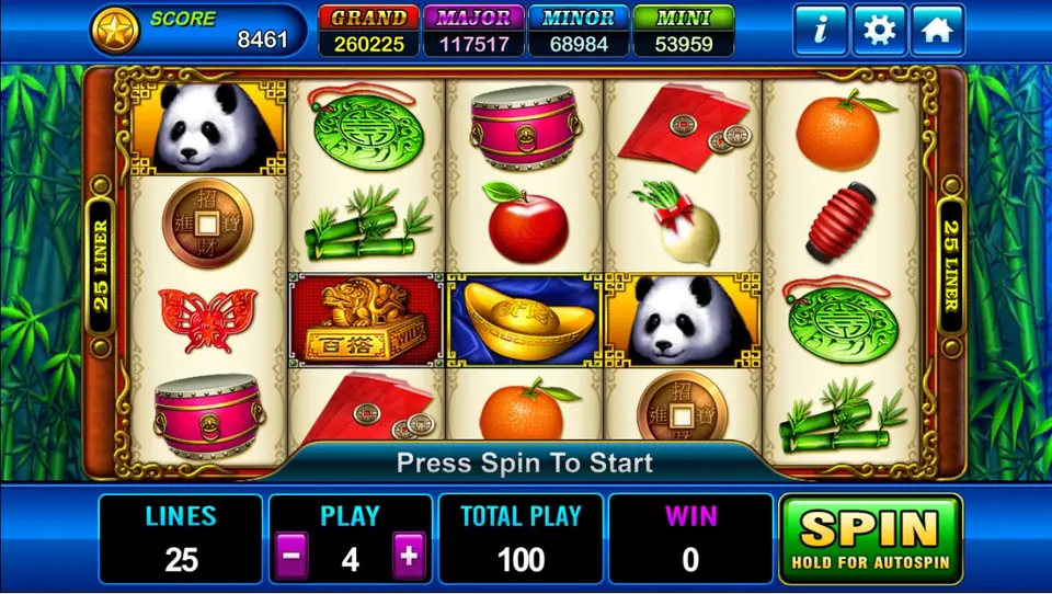 Fortune Panda reels on Play8oy with two pandas, a jade pendant, a drum, red envelopes, an orange, bamboo, an apple, a radish, a gold ingot and a WILD seal, 25 lines at PLAY 4