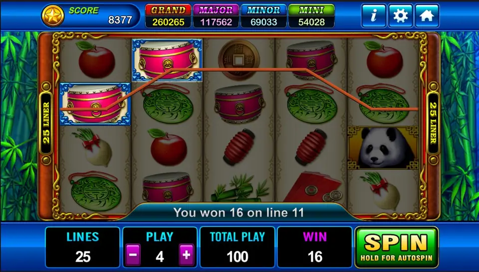 Fortune Panda win of 16 on line 11 with two drums in blue frames and a line drawn across the reels