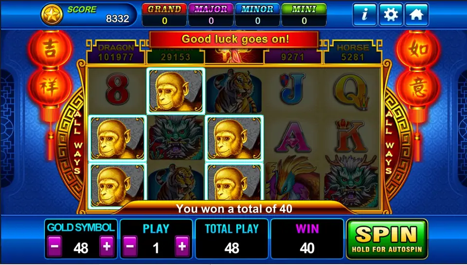 Fortune Tree win of 40 with golden monkeys on the first three reels and a Good luck goes on banner, GOLD SYMBOL 48