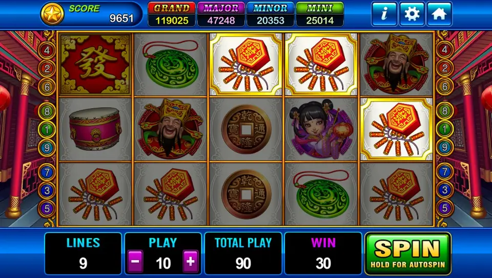 God of Wealth 2 win of 30 with three firecrackers lit in gold frames at PLAY 10