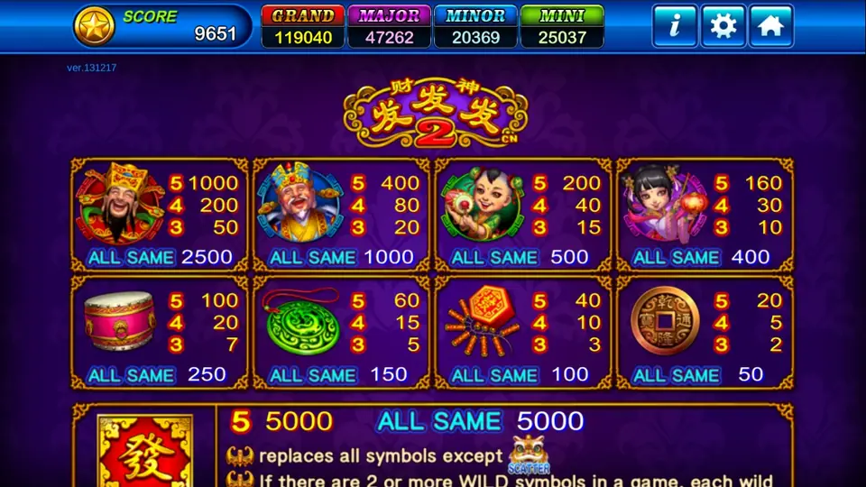 God of Wealth 2 pay table with the 财神 发发发 2 heading, the character prizes, All Same figures and the red 發 wild at 5000