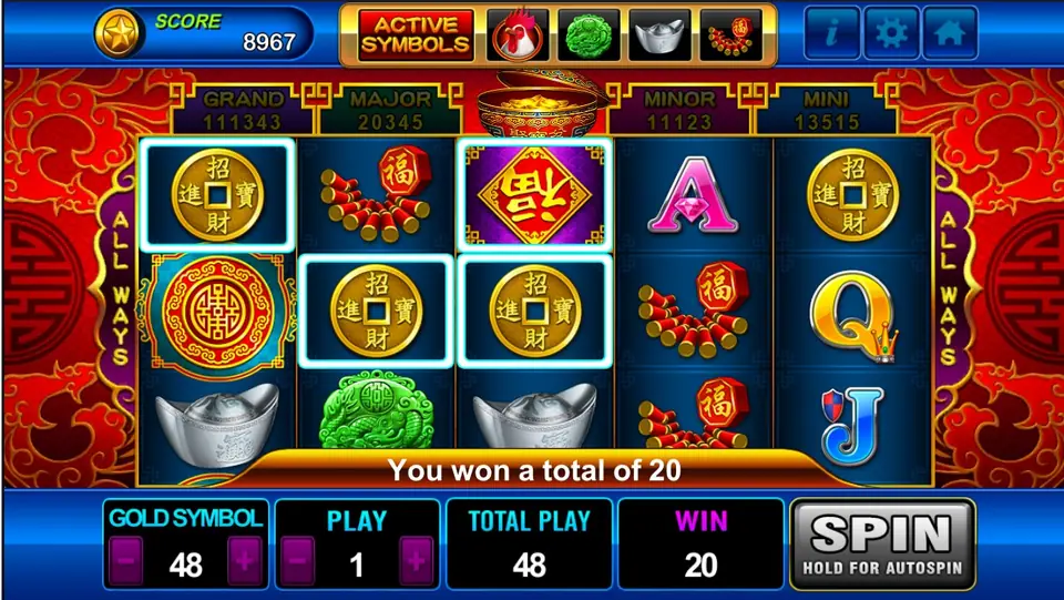 Golden Roaster win of 20 with coins lit on the first three reels and a purple 福 tile, GOLD SYMBOL 48