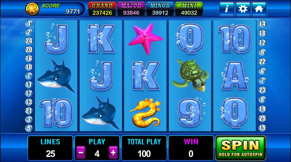 Grand Blue reels with blue card letters, a pink starfish, sharks, a sea turtle and a seahorse, 25 lines at PLAY 4