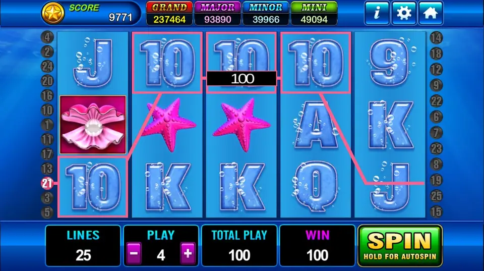Grand Blue with four 10s on line 21, a pearl scatter on reel one and a WIN of 100 at PLAY 4