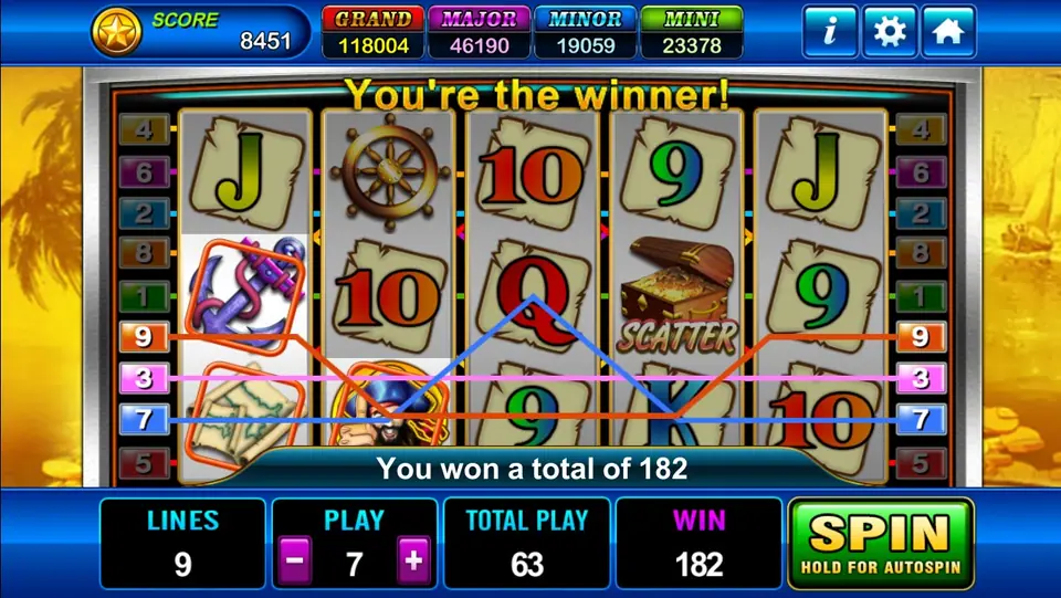 Pirate's Treasure with three winning lines drawn across the reels and a win of 182 at PLAY 7