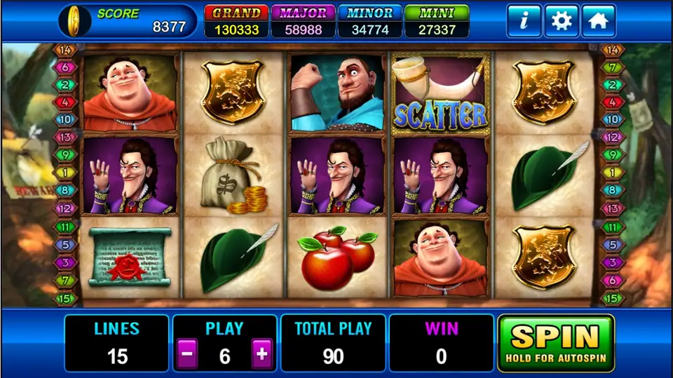 Robin Hood reels with a friar, a strongman, the horn scatter, shields, a money bag and apples, 15 lines at PLAY 6