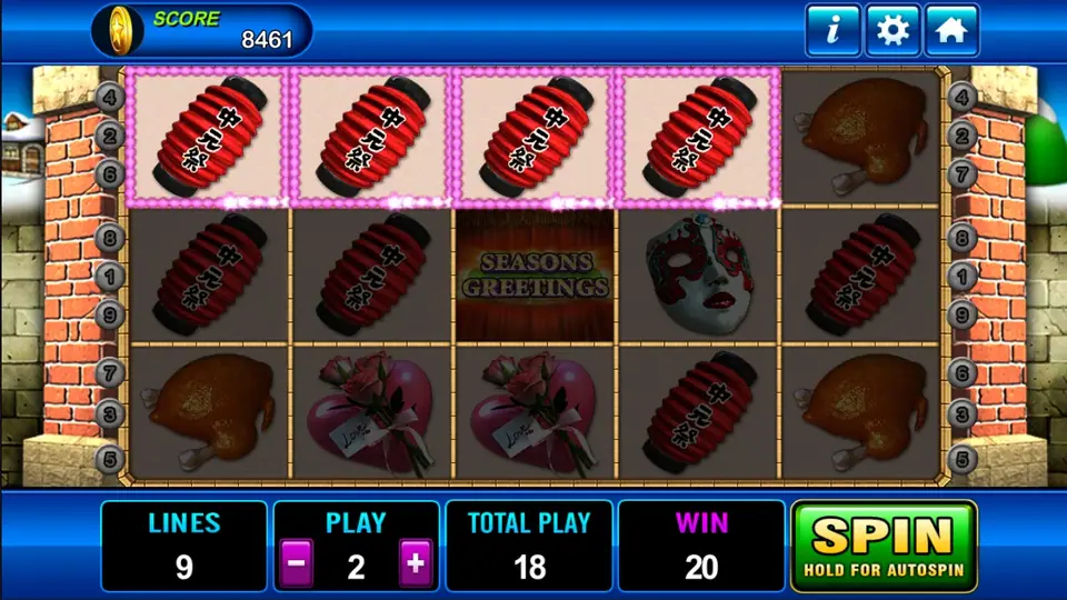Seasons Greeting win with four red lanterns lit on the top row and a WIN of 20