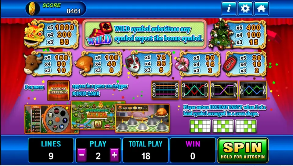 Seasons Greeting pay table with the lion dance head at 1000, the wild rule, the bonus game pictures and the Holiday Party cross shapes