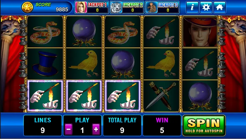 The Magician Plus win of 5 with three gloved hands lit on the bottom row