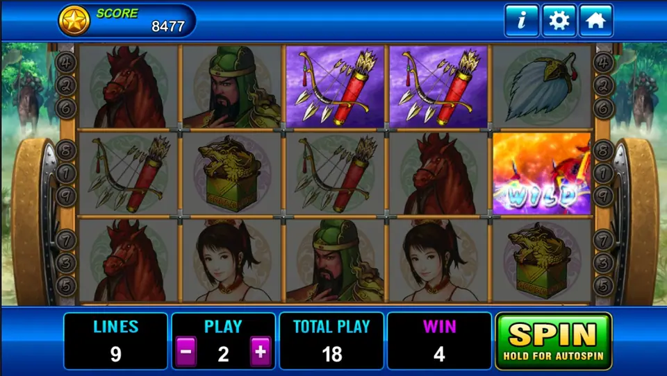 Three Kingdom with two bows lit on a purple background and a flag wild glowing on reel five, WIN 4