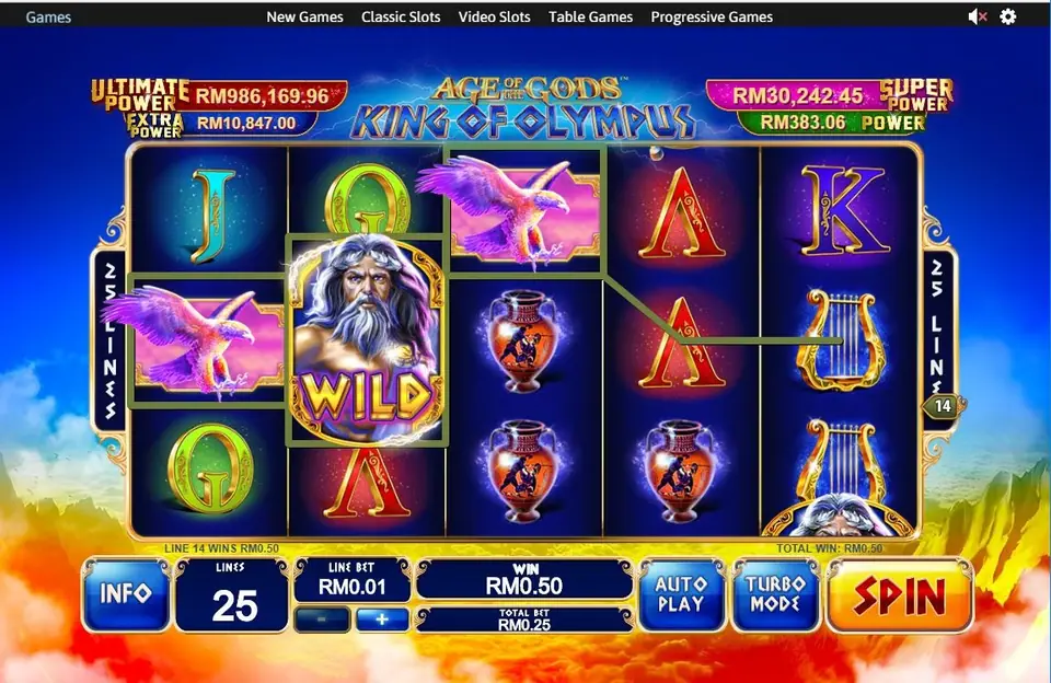 King of Olympus on Rollex11: an eagle and a Zeus WILD pay RM0.50 on line 14, four Power jackpots above