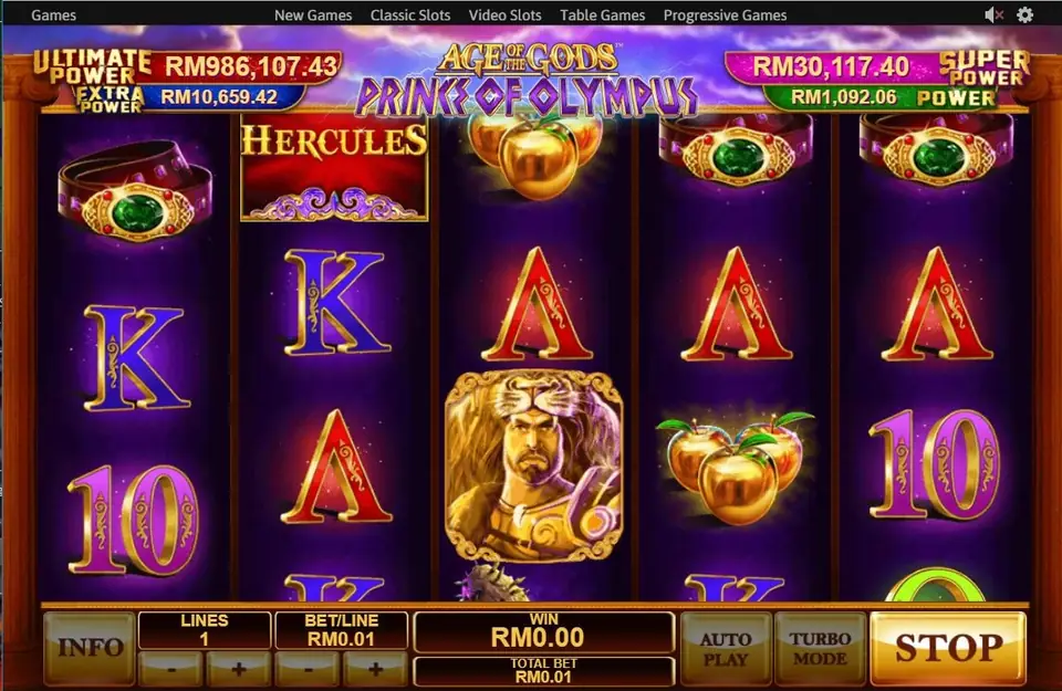 Prince of Olympus with Hercules in a lion hood on reel 3, a HERCULES block, golden apples and belts