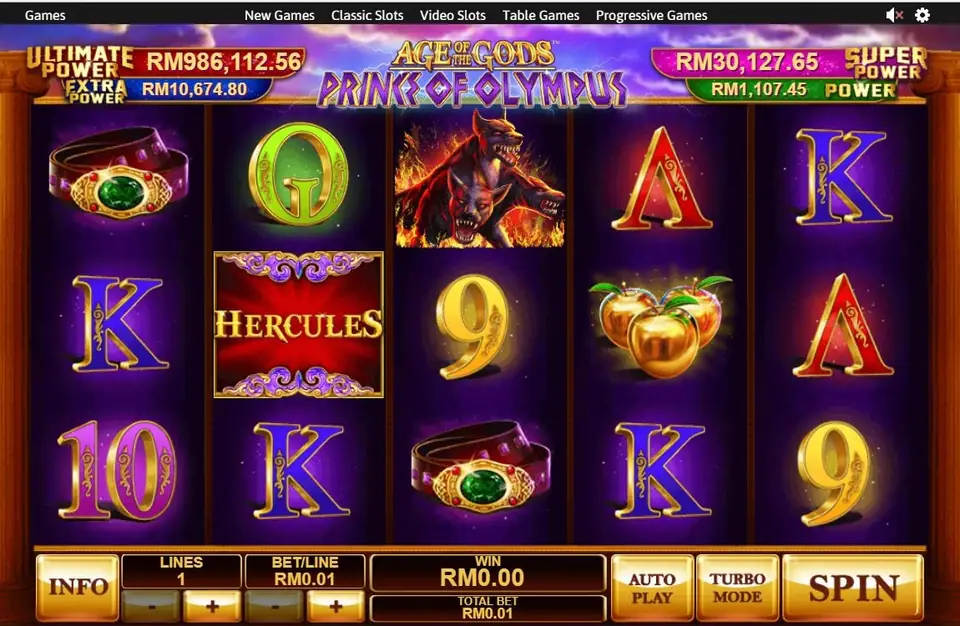 Prince of Olympus reels with a three-headed fire dog, a HERCULES block and golden apples, 1 line at RM0.01