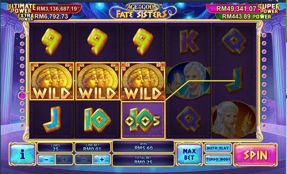 Three gold three-face wilds side by side on reels 1 to 3, win RM5.60 from a RM0.25 spin