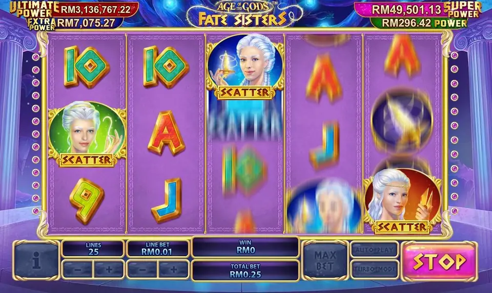 Fate Sisters with sister portraits framed as scatters on reels 1, 3 and 5, reels still spinning