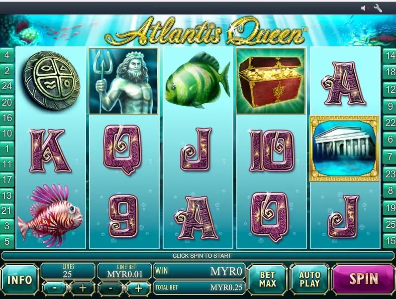 Atlantis Queen on Rollex11 with a sea king holding a trident, a green reef fish, a treasure chest, a lionfish and a sunken temple, 25 lines at MYR0.01