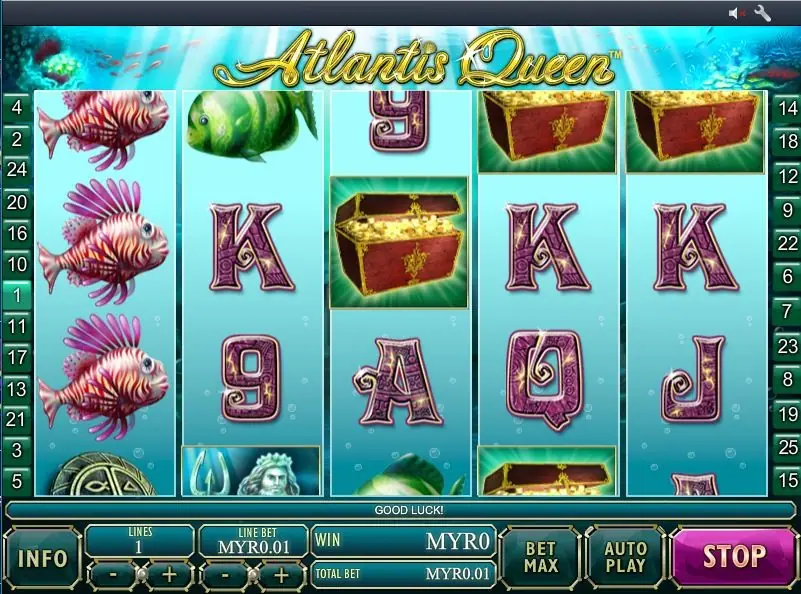 Three lionfish stacked on reel 1 and treasure chests on reels 3 to 5, one line at MYR0.01