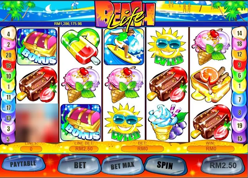 Beach Life on Rollex11 with treasure chest BONUS symbols, ice creams, a surfer and two smiling sun WILDs, jackpot RM1,286,175.98 above