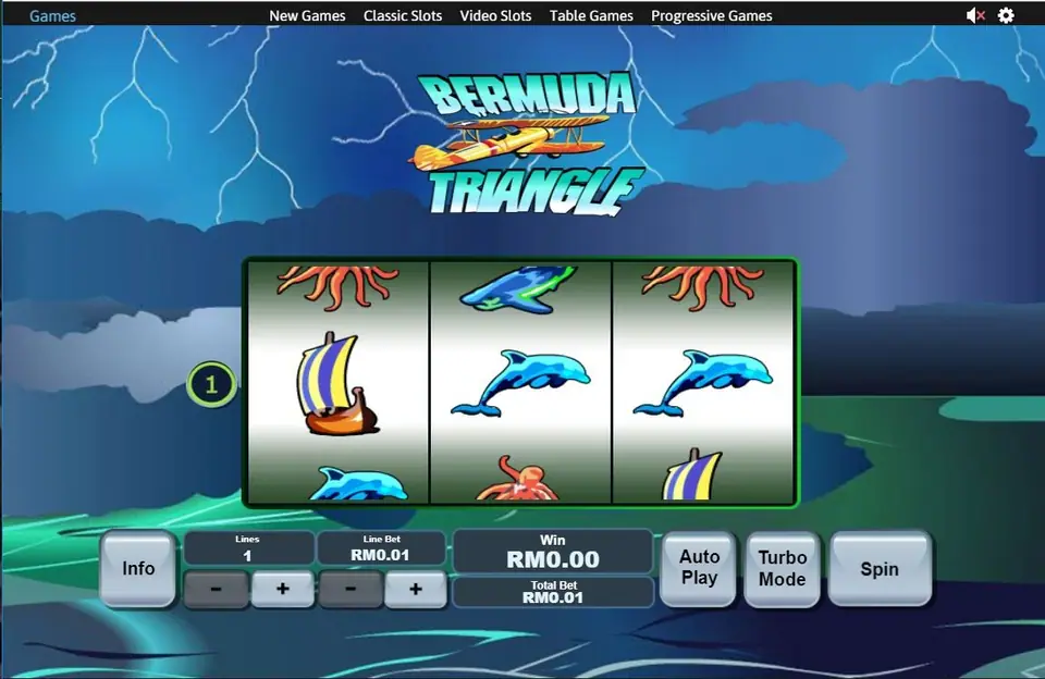 Bermuda Triangle with a sailing ship and two dolphins on the payline, one line at RM0.01