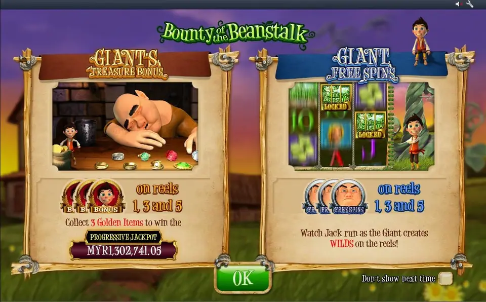 Bounty of the Beanstalk feature screen: Giant's Treasure Bonus with the progressive jackpot and Giant Free Spins