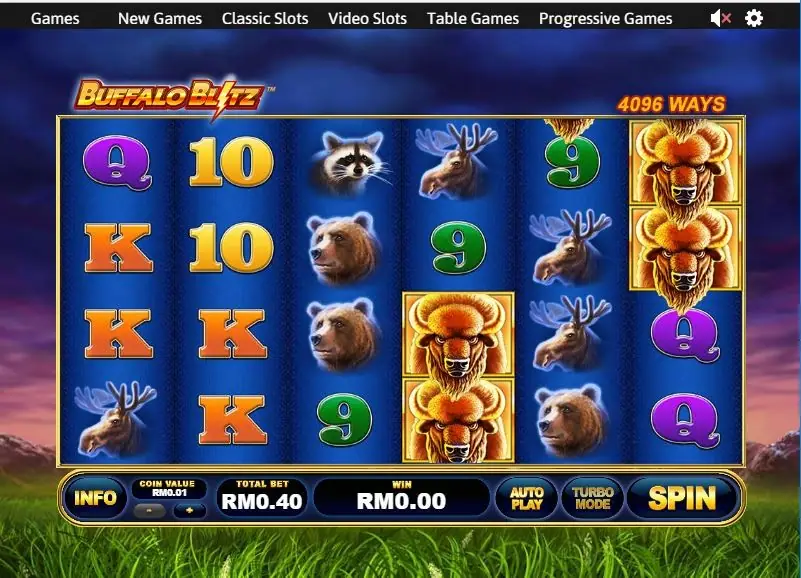 Buffalo Blitz with buffalo stacked two high on reels 4 and 6 beside bears and moose