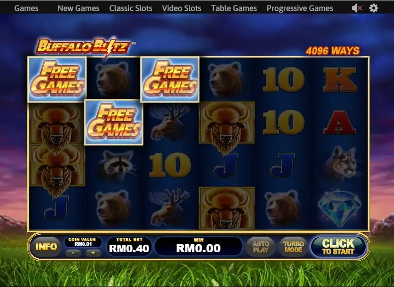 Three FREE GAMES symbols on reels 1, 2 and 3 with stacked buffalo, CLICK TO START lit