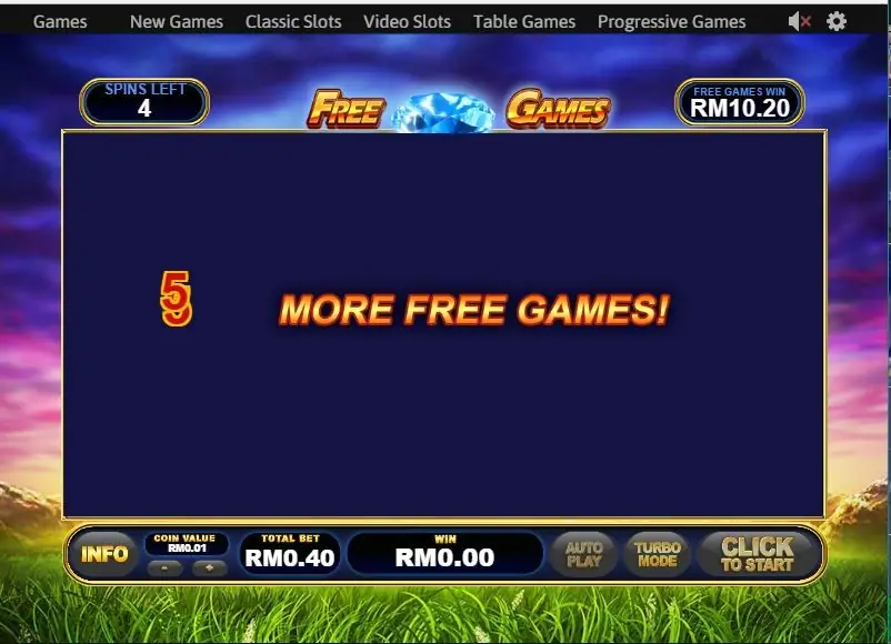 Free games screen with 4 spins left, free games win RM10.20 and a 5 more free games message