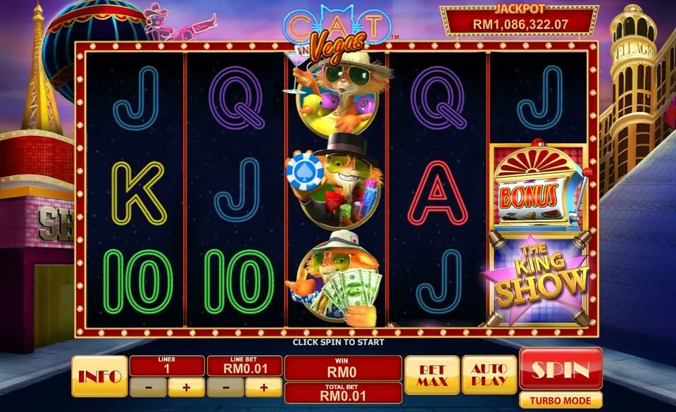 Cat in Vegas on Rollex11 with neon card letters, three cat symbols stacked on reel 3, a BONUS slot machine and THE KING SHOW star on reel 5, jackpot RM1,086,322.07