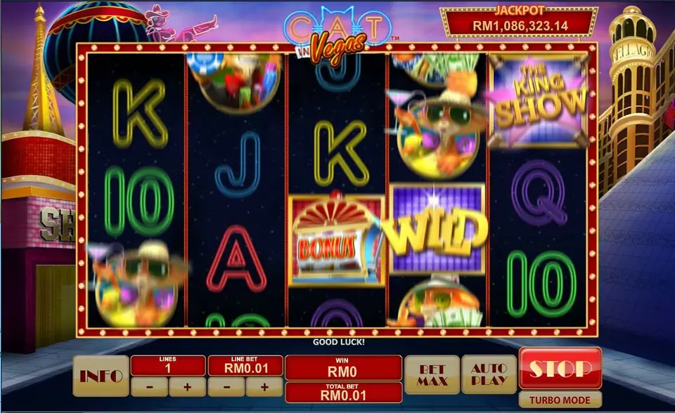 Cat in Vegas mid-spin with a BONUS slot machine and a gold WILD on the middle row and The King Show on reel 5