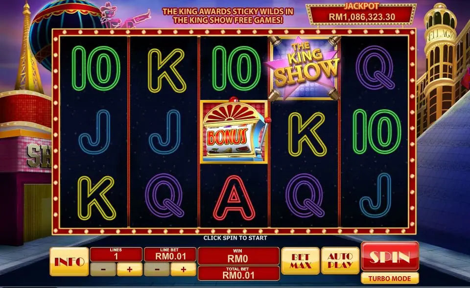 The banner reads The King awards sticky wilds in The King Show free games, with a BONUS machine on reel 3