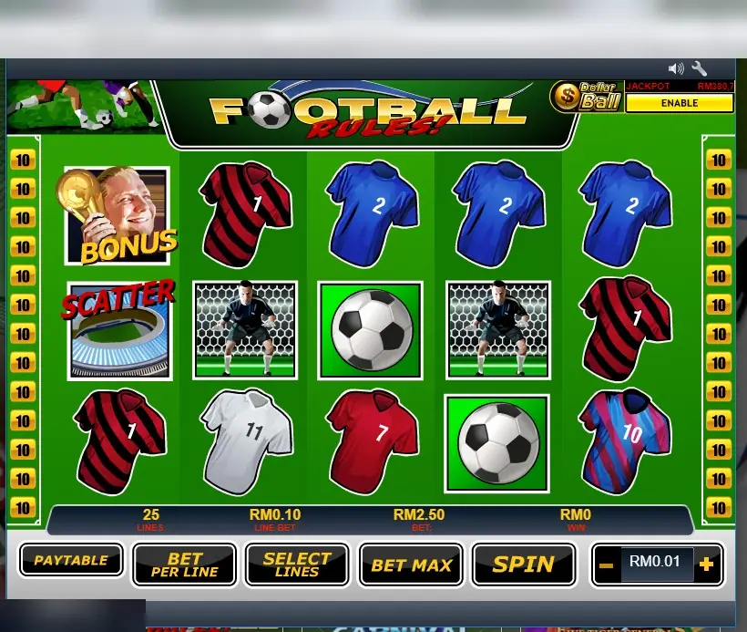Football Rules on Rollex11 with a trophy BONUS, a stadium SCATTER, goalkeepers, footballs and striped and plain shirts, 25 lines at RM0.10