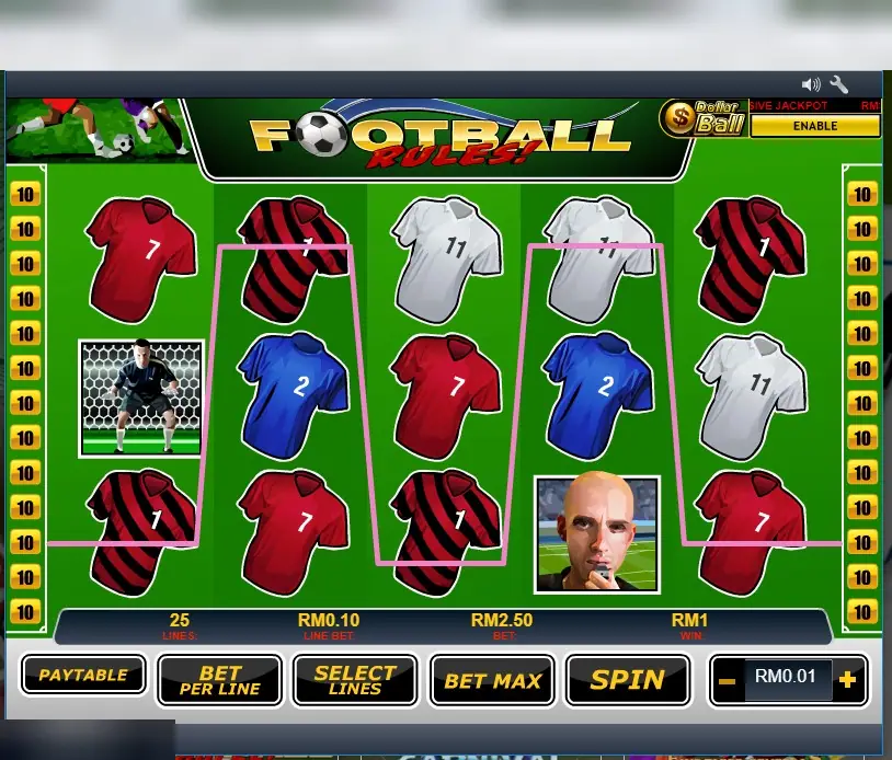 Football Rules: three black and red number 1 shirts on a zigzag pink payline win RM1 on a RM2.50 spin