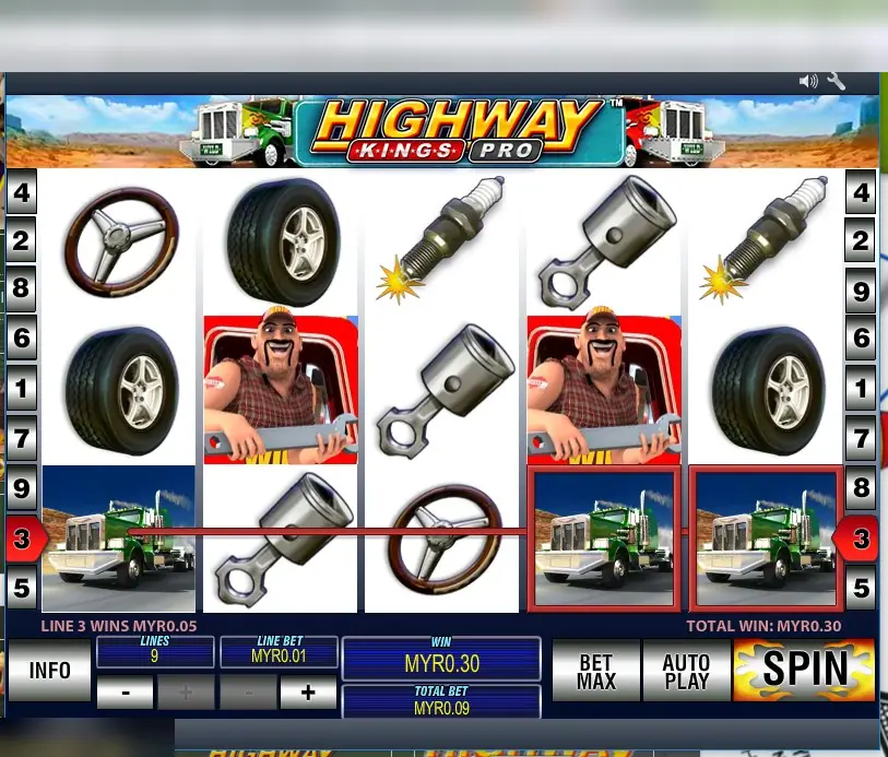Highway Kings Pro with trucker wilds on reels 2 and 4 and green trucks on line 3, total win MYR0.30