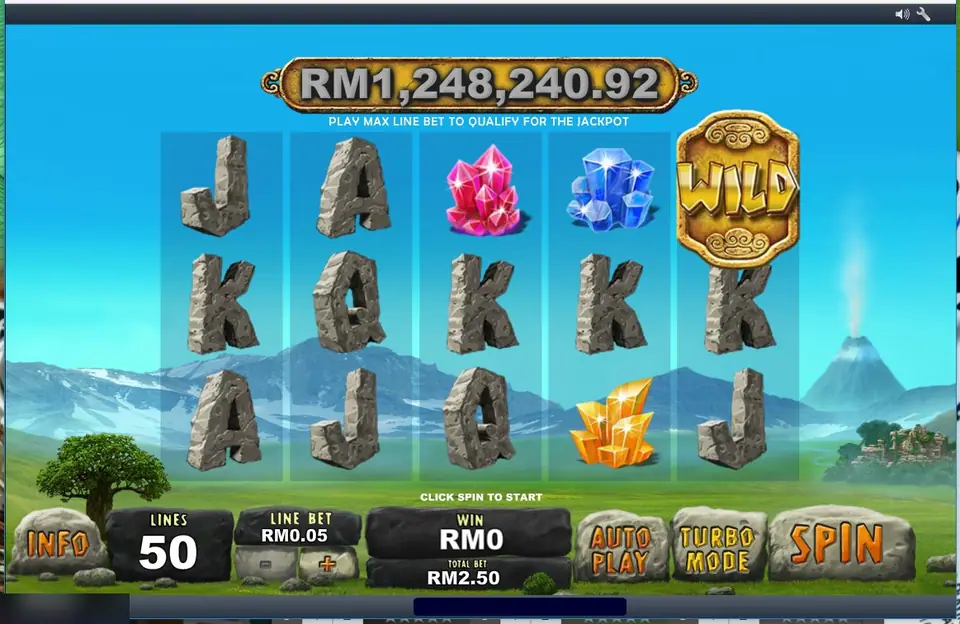 Jackpot Giant on Rollex11 with stone letters, pink, blue and yellow crystals and a gold WILD, jackpot RM1,248,240.92, 50 lines at RM0.05