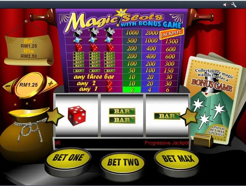 Magic Slots after a spin: one red die on reel 1, bet RM1.25 and win RM2.50 on the scroll