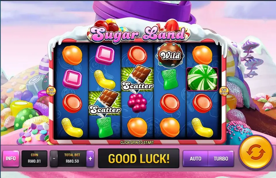 Sugar Land on Rollex11 with gumdrops, jelly beans and hard candies, two chocolate bar SCATTERs, a chocolate truffle WILD and a peppermint swirl, 50 lines