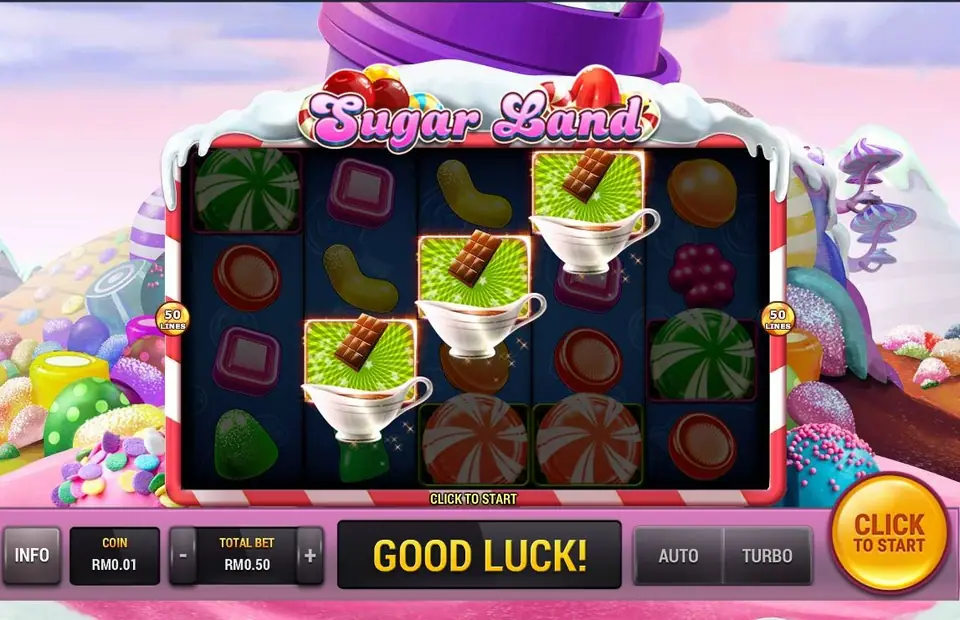 Three chocolate bar scatters on reels 2, 3 and 4 with sauce boats pouring, CLICK TO START lit