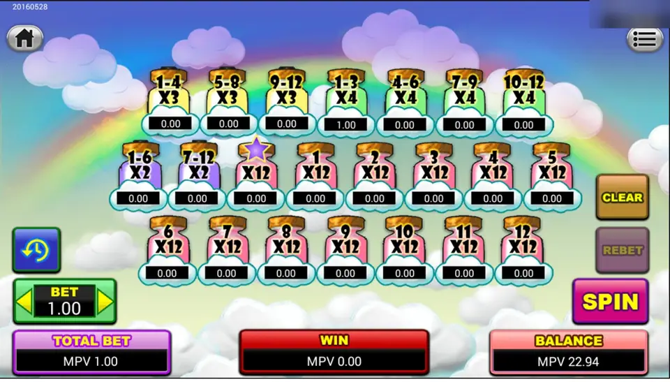 Lucky Baby betting board with 1.00 placed on the 1-3 x4 jar, total bet MPV 1.00