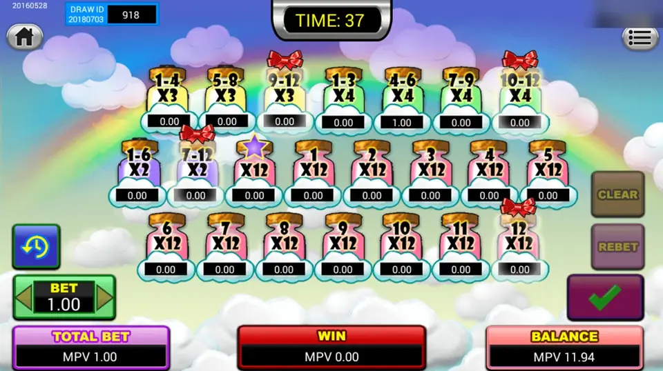 Lucky Baby Mul board at draw 918 with red bows on the jars containing 12 and 1.00 on 4-6