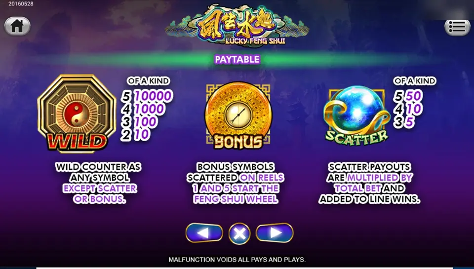 Lucky Feng Shui paytable with the bagua wild, the compass bonus and the blue pearl scatter