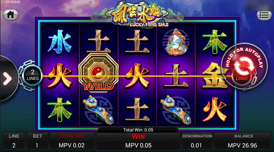 Lucky Feng Shui with 2 lines on: fire, wild and fire across the middle row, total win 0.05
