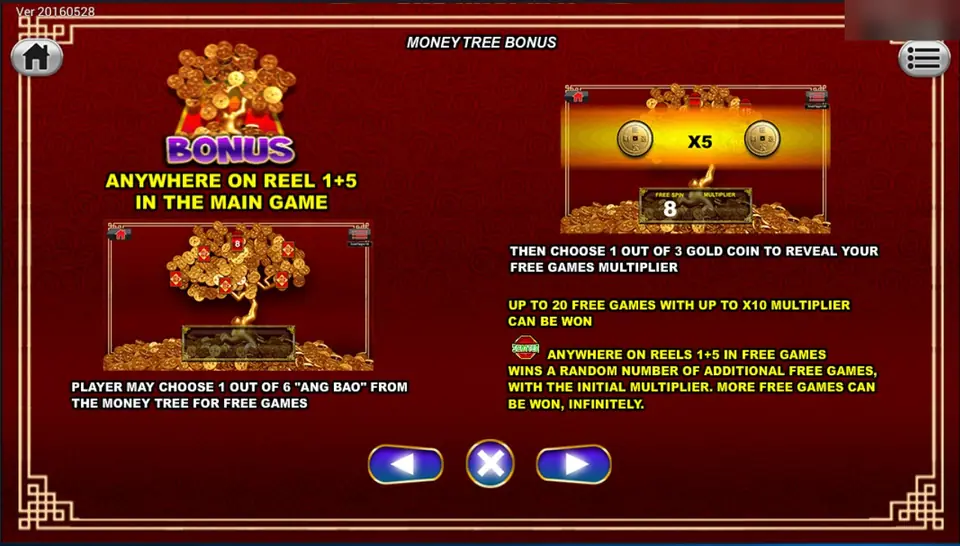 Money Tree Bonus help: pick one of six ang pao, then one of three gold coins for the multiplier