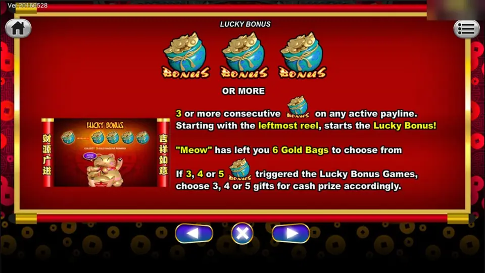 Lucky Bonus help: three or more coin bags from the left open a choice of six gold bags