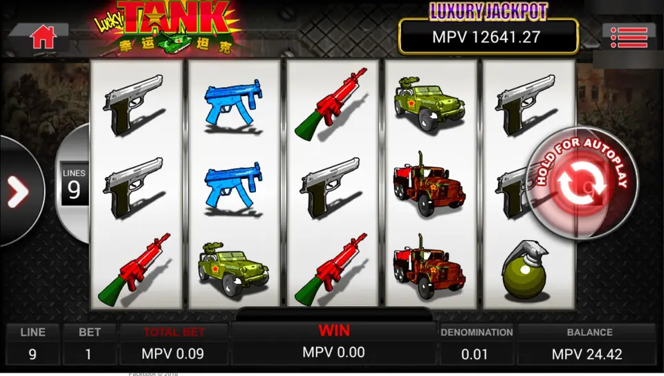 Lucky Tank on Sky777 with pistols, jeeps and trucks on the reels, 9 lines at MPV 0.09 under the Luxury Jackpot counter