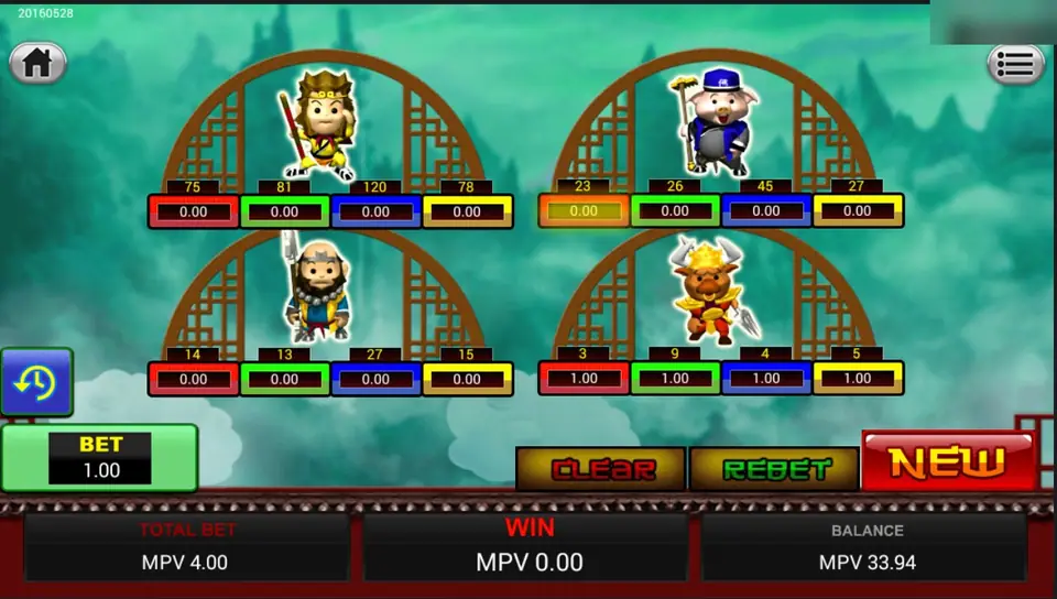 Magic Journey betting screen on Sky777 with the Monkey King, a pig, a monk and a bull demon, 1.00 placed on all four bull boxes
