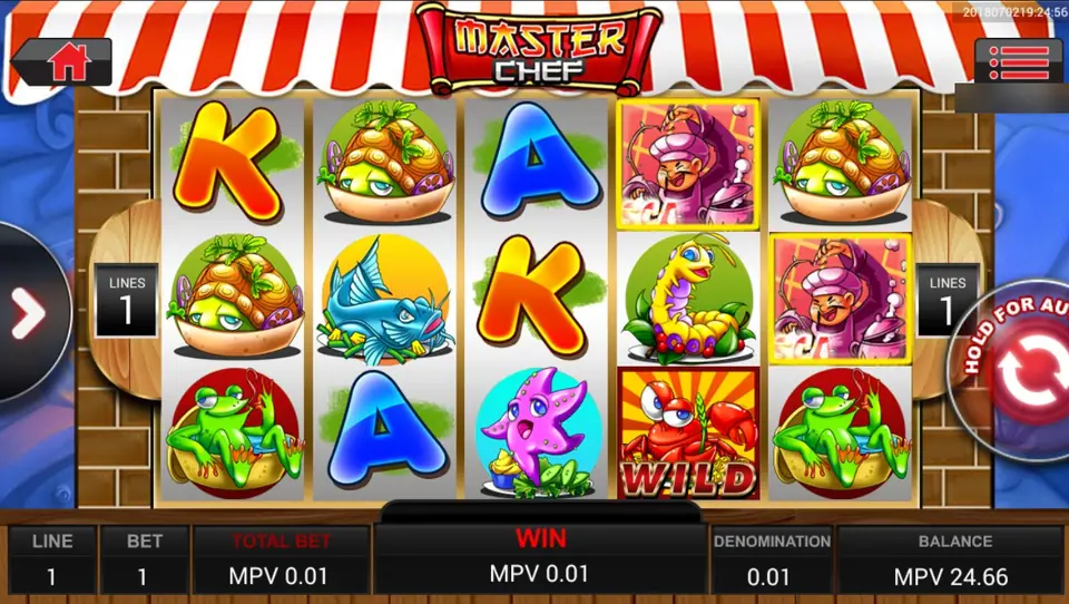 Two chef scatters on reels 4 and 5 and a crab wild on reel 4, win MPV 0.01 on 1 line