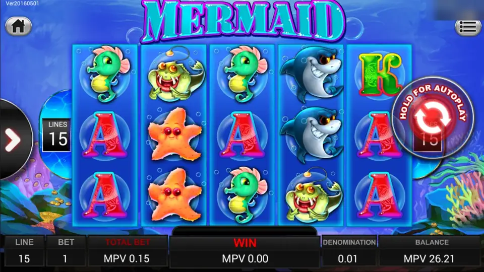 Mermaid on Sky777 with seahorses, starfish, sharks and an anglerfish on the reels, 15 lines at a total bet of MPV 0.15