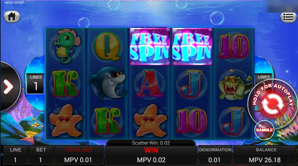 Two Free Spin tiles on reels 3 and 4 for a scatter win of MPV 0.02, with the GAMBLE button lit